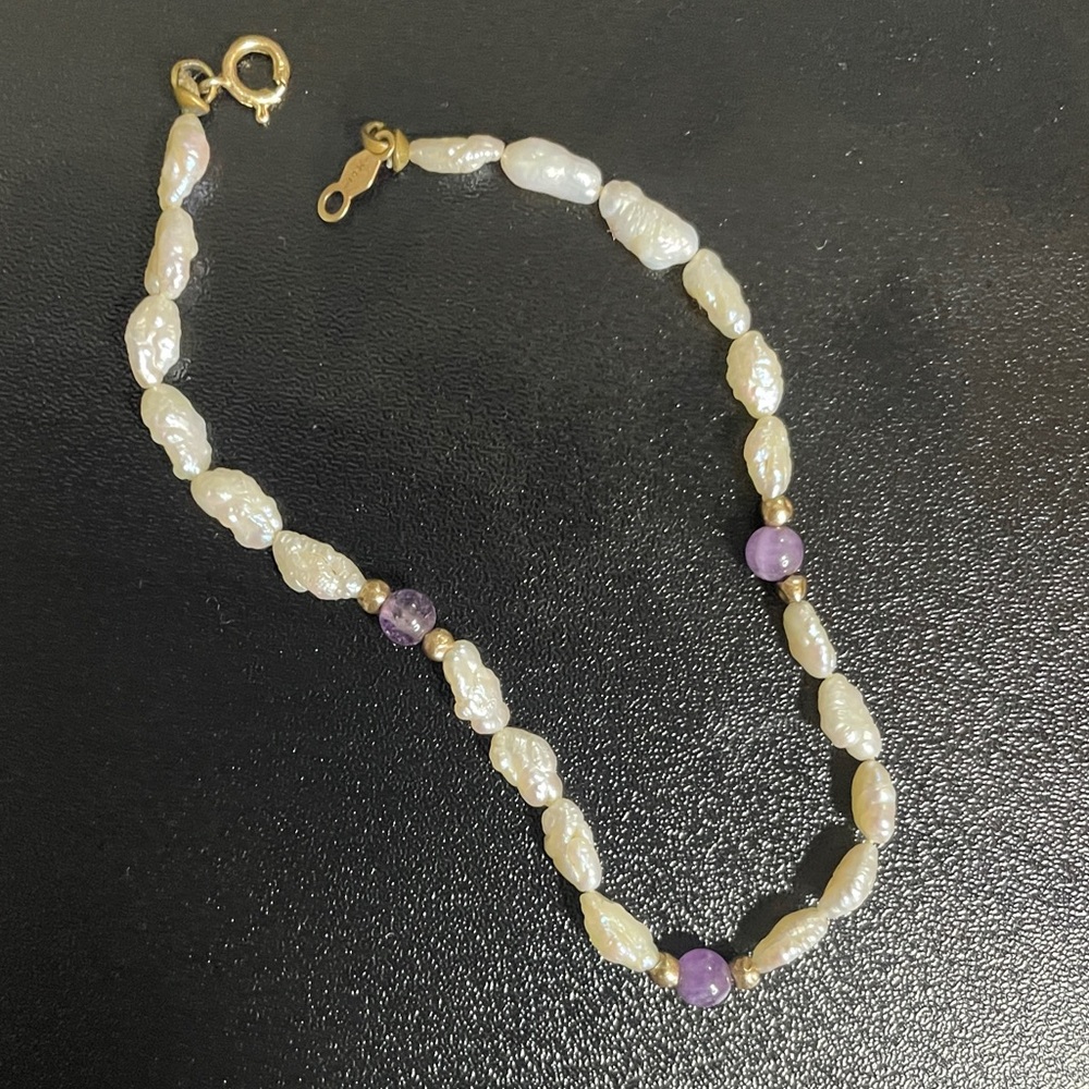 14K Japanese Rice Pearl Lavender Jade Bracelet Chic Gemstones Pearls Vintage 80s - Picture 2 of 7